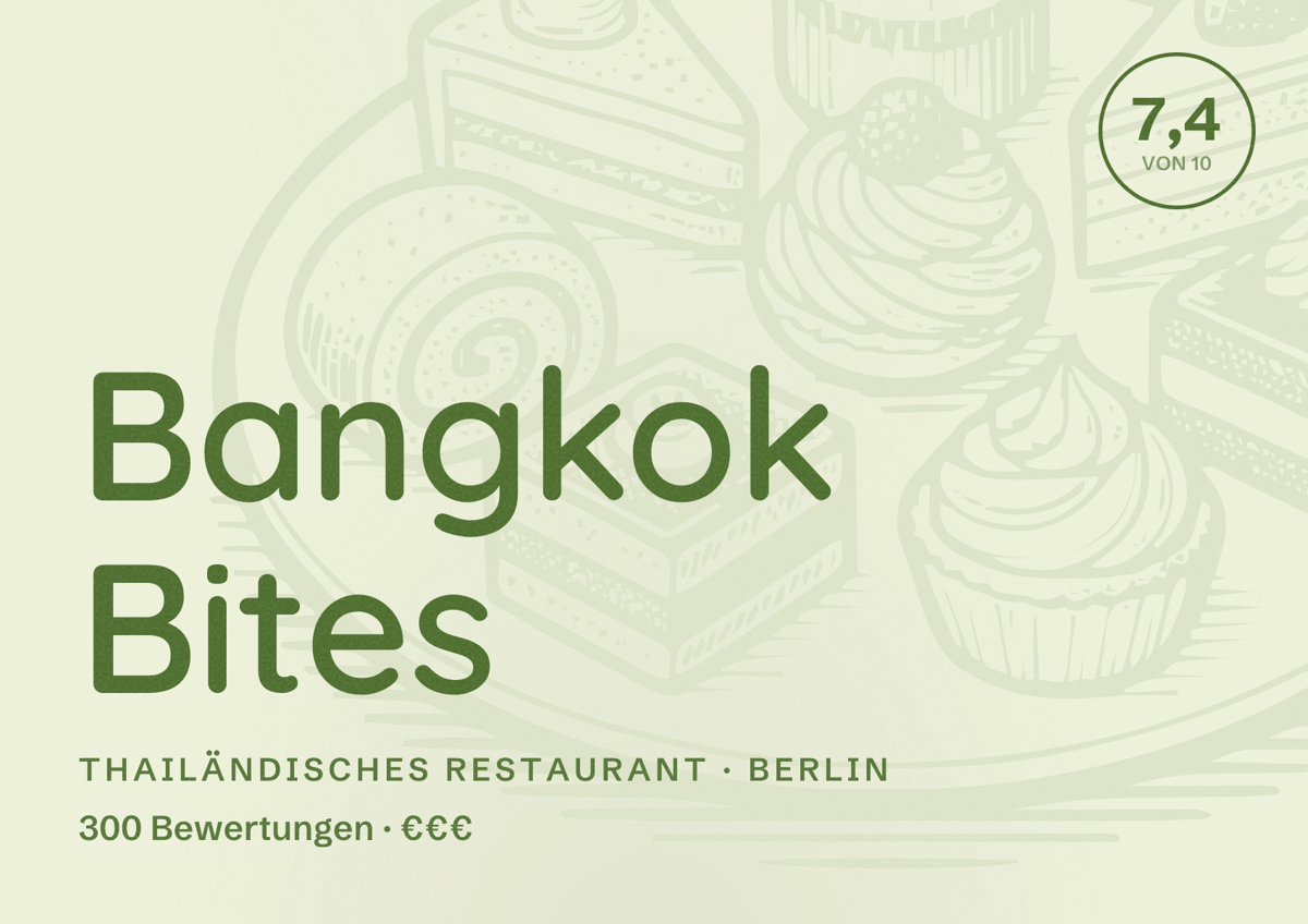 Illustriertes Poster von Bangkok Bites, Thailändisches Restaurant in Berlin: Bewertung 7,4 von 10 aus 300 Bewertungen, Preisniveau €€€