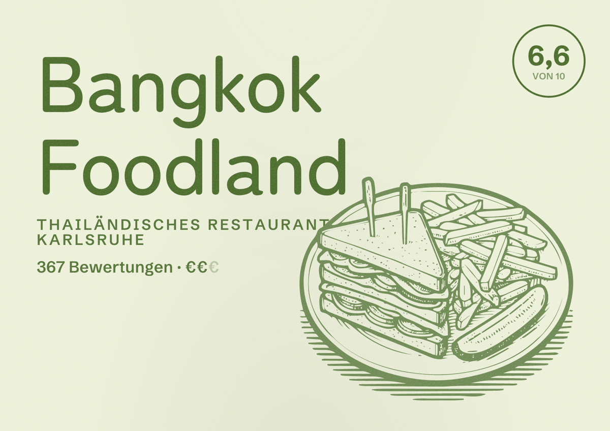 Illustriertes Poster von Bangkok Foodland, Thailändisches Restaurant in Karlsruhe: Bewertung 6,6 von 10 aus 367 Bewertungen, Preisniveau €€