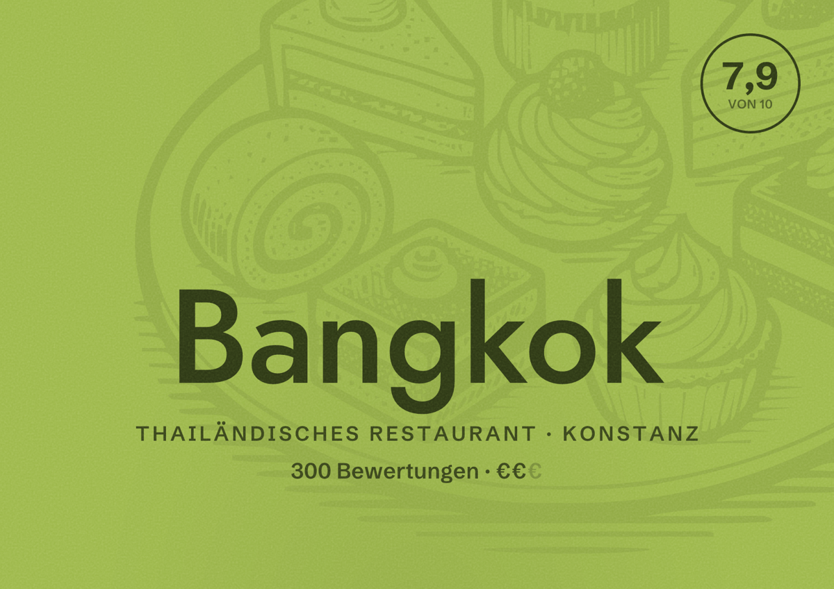 Illustriertes Poster von Bangkok, Thailändisches Restaurant in Konstanz: Bewertung 7,9 von 10 aus 300 Bewertungen, Preisniveau €€