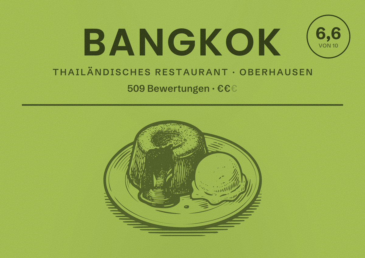 Illustriertes Poster von Bangkok, Thailändisches Restaurant in Oberhausen: Bewertung 6,6 von 10 aus 509 Bewertungen, Preisniveau €€
