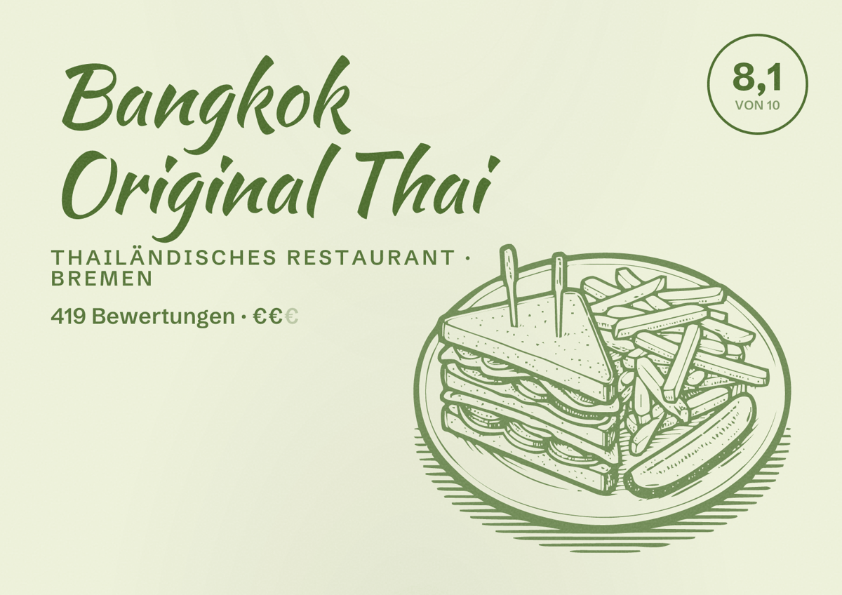 Illustriertes Poster von Bangkok Original Thai, Thailändisches Restaurant in Bremen: Bewertung 8,1 von 10 aus 419 Bewertungen, Preisniveau €€