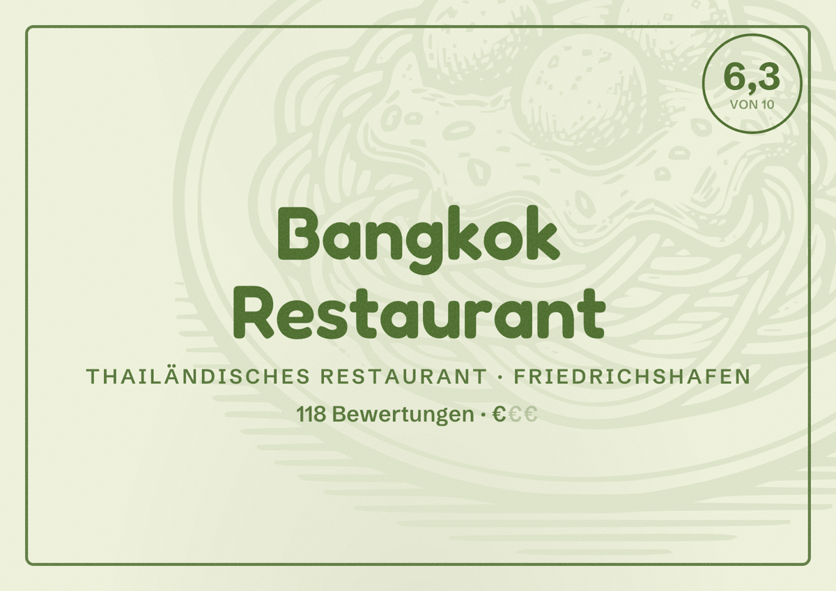Illustriertes Poster von Bangkok Restaurant, Thailändisches Restaurant in Friedrichshafen: Bewertung 6,3 von 10 aus 118 Bewertungen, Preisniveau €