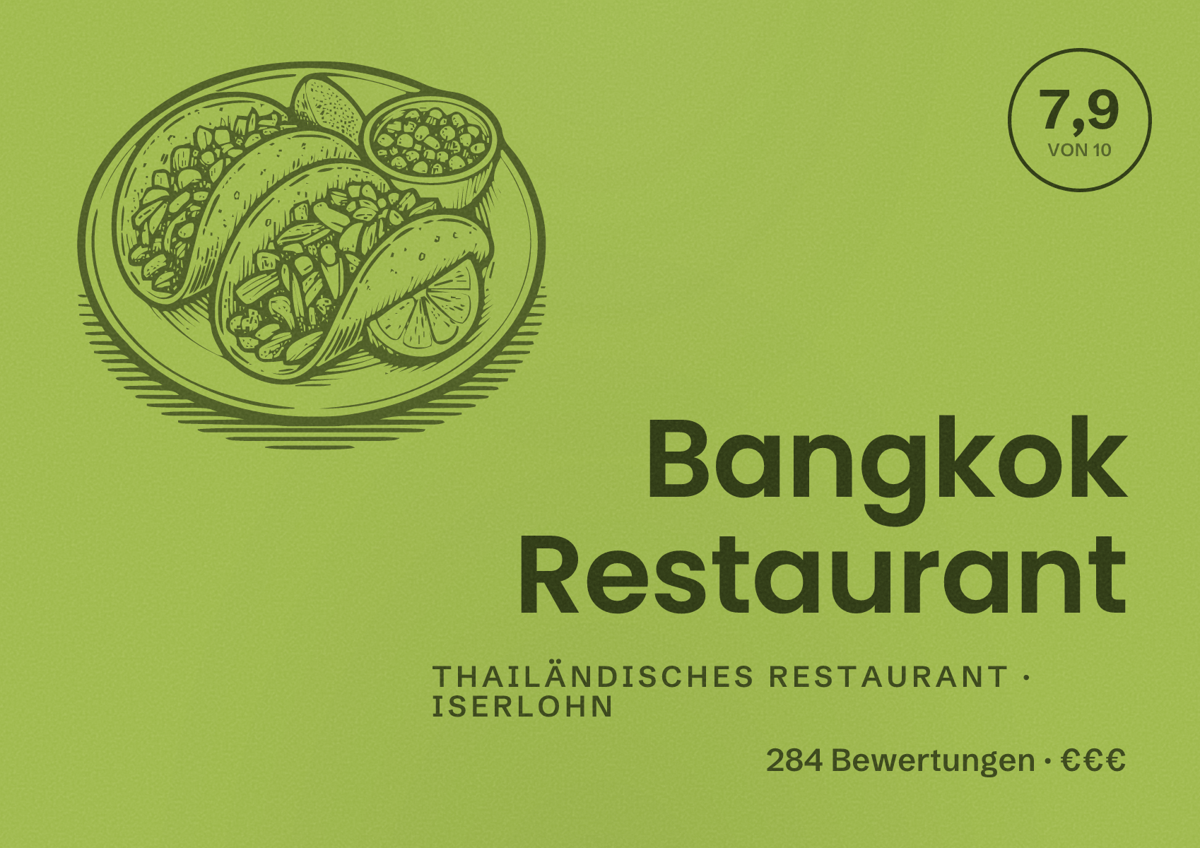 Illustriertes Poster von Bangkok Restaurant, Thailändisches Restaurant in Iserlohn: Bewertung 7,9 von 10 aus 284 Bewertungen, Preisniveau €€€