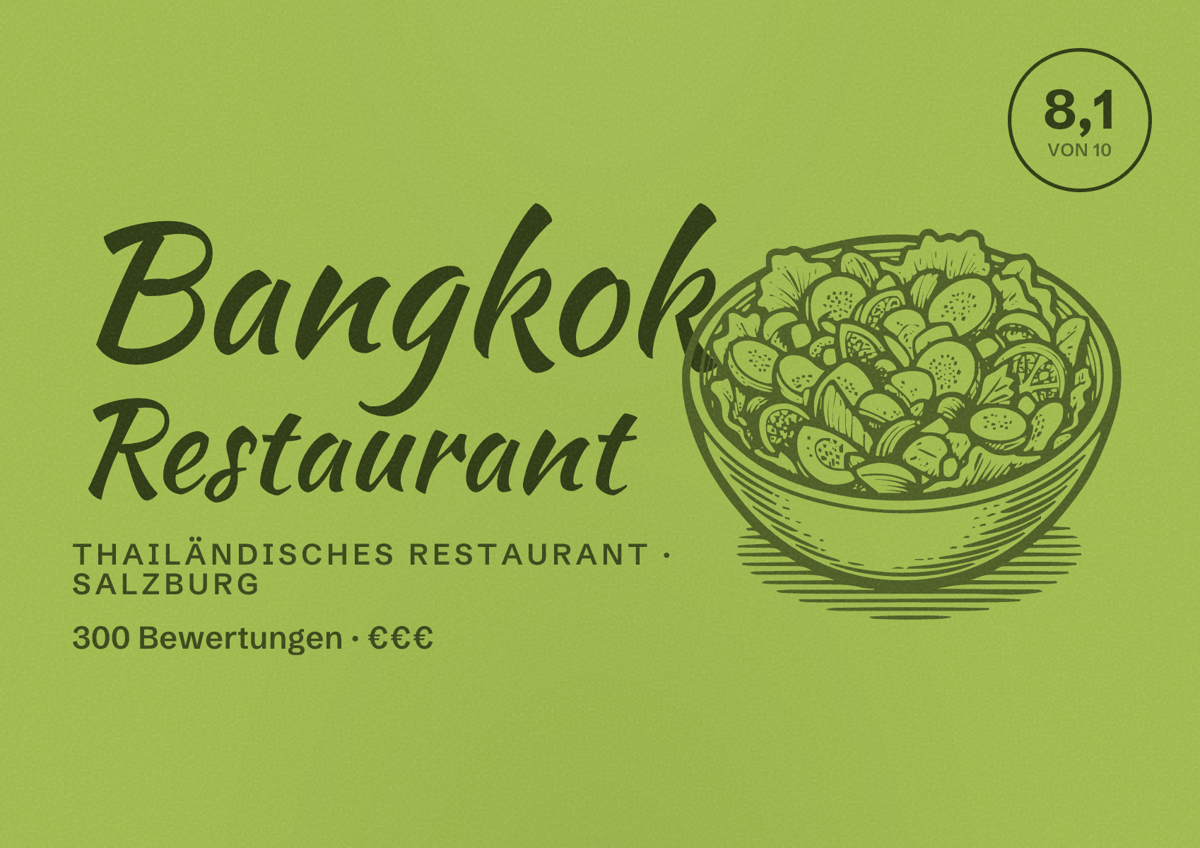 Illustriertes Poster von Bangkok Restaurant, Thailändisches Restaurant in Salzburg: Bewertung 8,1 von 10 aus 300 Bewertungen, Preisniveau €€€