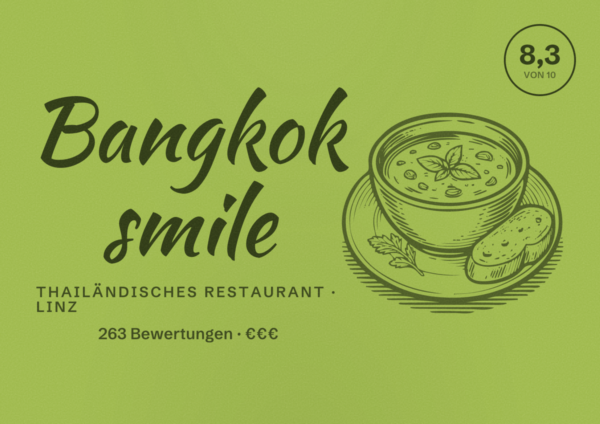 Illustriertes Poster von Bangkok smile, Thailändisches Restaurant in Linz: Bewertung 8,3 von 10 aus 263 Bewertungen, Preisniveau €€€