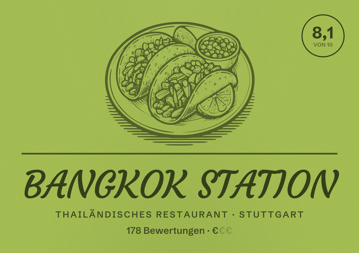 Illustriertes Poster von BANGKOK STATION, Thailändisches Restaurant in Stuttgart: Bewertung 8,1 von 10 aus 178 Bewertungen, Preisniveau €