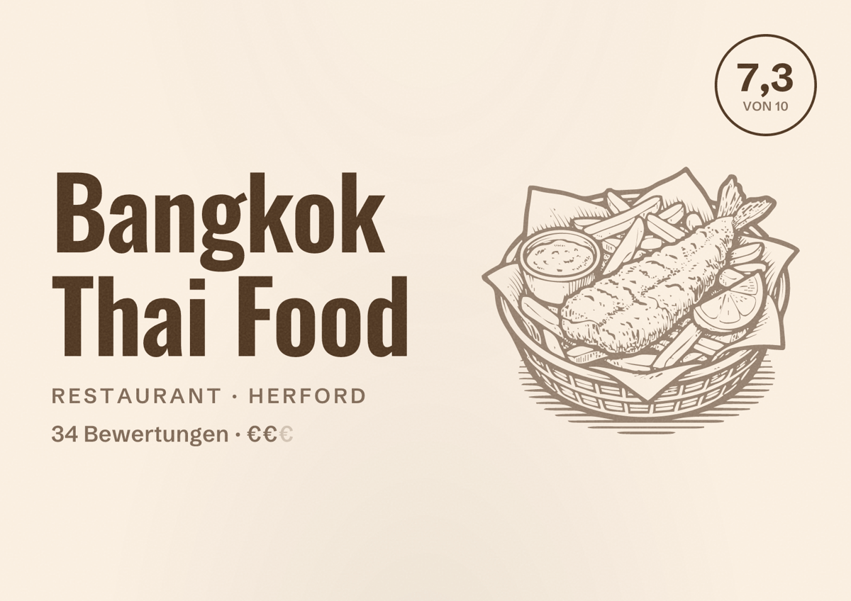 Illustriertes Poster von Bangkok Thai Food, Restaurant in Herford: Bewertung 7,3 von 10 aus 34 Bewertungen, Preisniveau €€