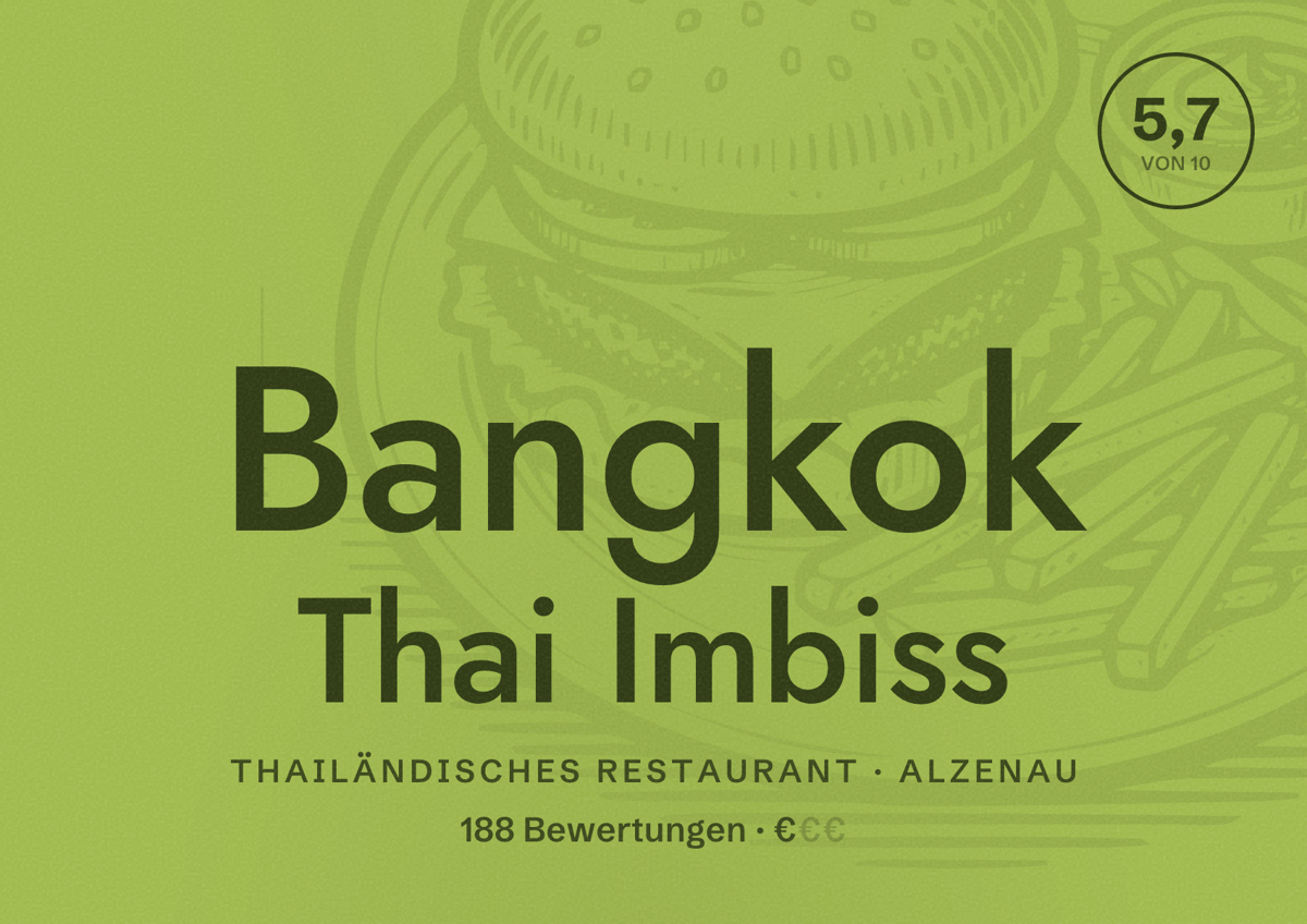 Illustriertes Poster von Bangkok Thai Imbiss, Thailändisches Restaurant in Alzenau: Bewertung 5,7 von 10 aus 188 Bewertungen, Preisniveau €