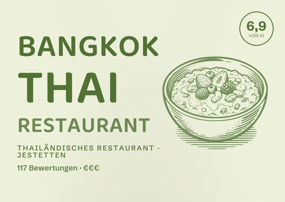 Illustriertes Poster von Bangkok Thai Restaurant, Thailändisches Restaurant in Jestetten: Bewertung 6,9 von 10 aus 117 Bewertungen, Preisniveau €€€