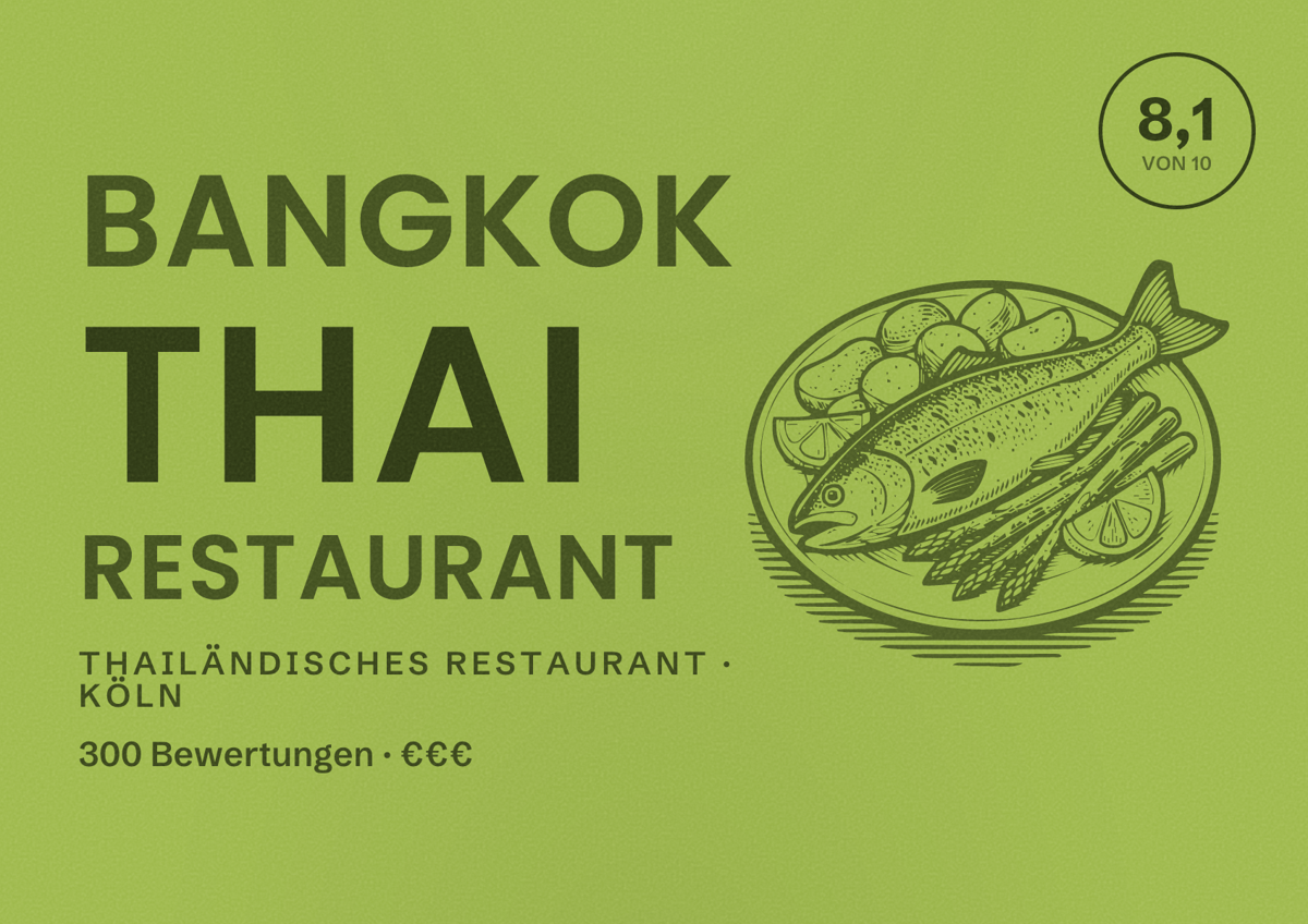 Illustriertes Poster von Bangkok Thai Restaurant, Thailändisches Restaurant in Köln: Bewertung 8,1 von 10 aus 300 Bewertungen, Preisniveau €€€
