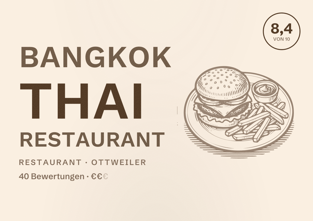 Illustriertes Poster von Bangkok Thai Restaurant, Restaurant in Ottweiler: Bewertung 8,4 von 10 aus 40 Bewertungen, Preisniveau €€