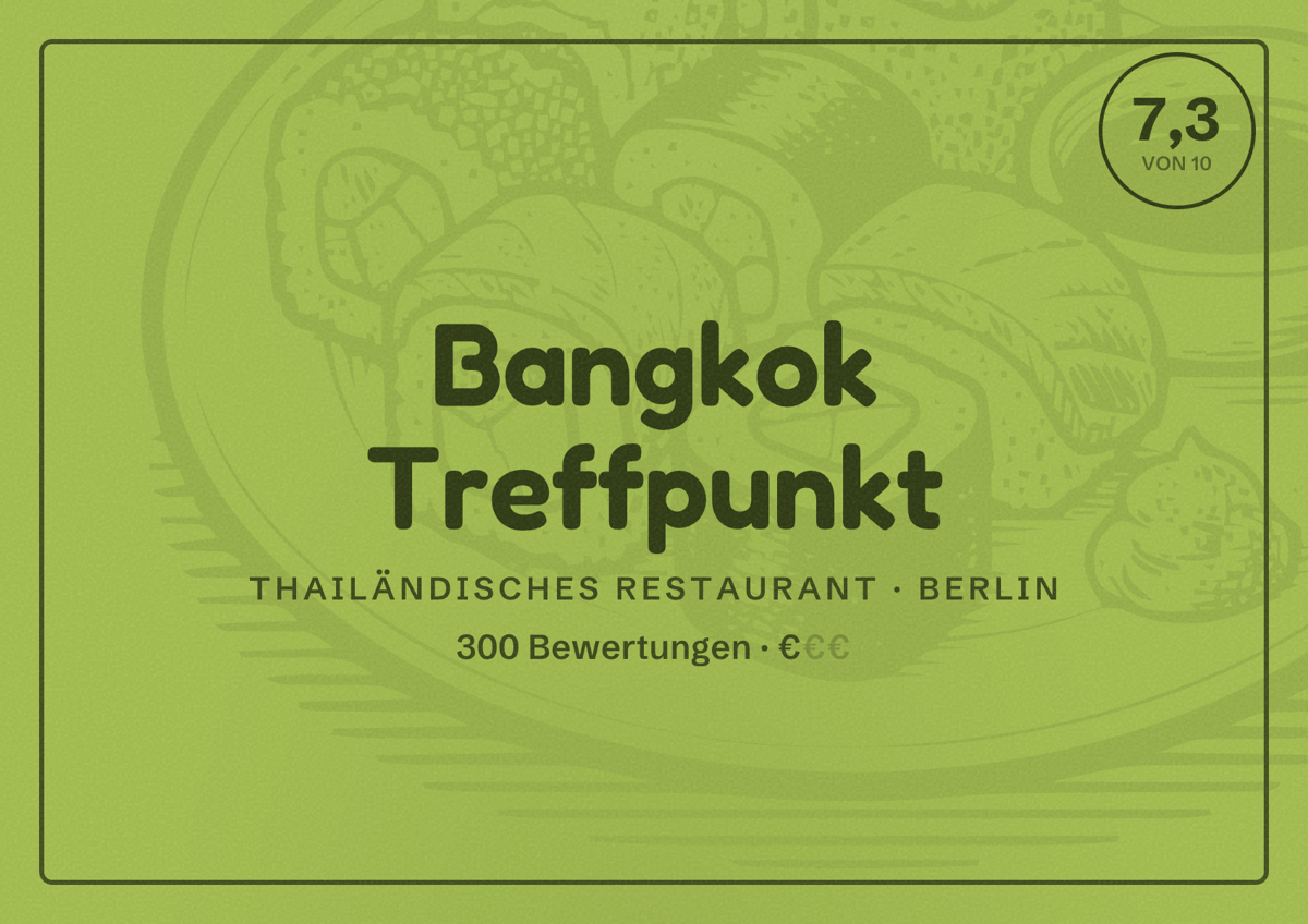Illustriertes Poster von Bangkok Treffpunkt, Thailändisches Restaurant in Berlin: Bewertung 7,3 von 10 aus 300 Bewertungen, Preisniveau €