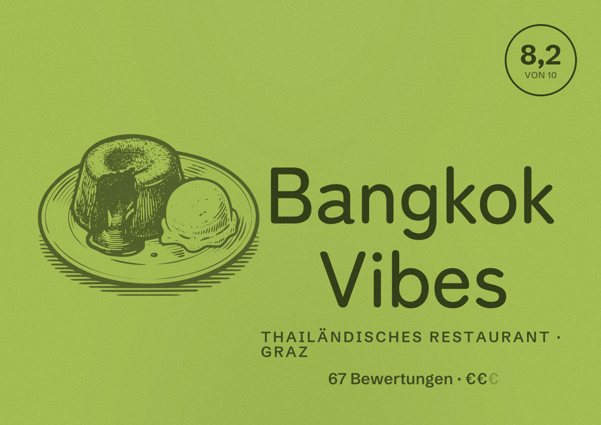 Illustriertes Poster von Bangkok Vibes, Thailändisches Restaurant in Graz: Bewertung 8,2 von 10 aus 67 Bewertungen, Preisniveau €€