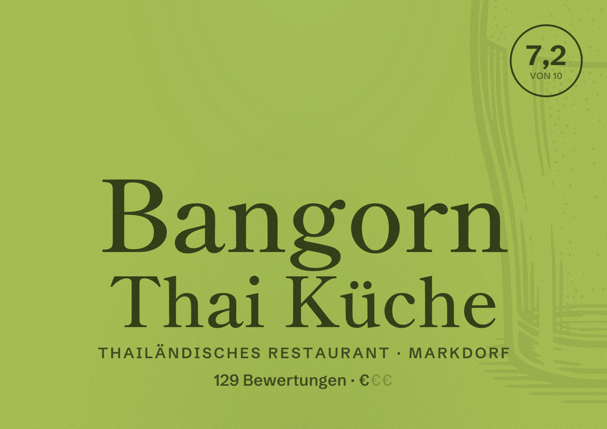 Illustriertes Poster von Bangorn Thai Küche, Thailändisches Restaurant in Markdorf: Bewertung 7,2 von 10 aus 129 Bewertungen, Preisniveau €
