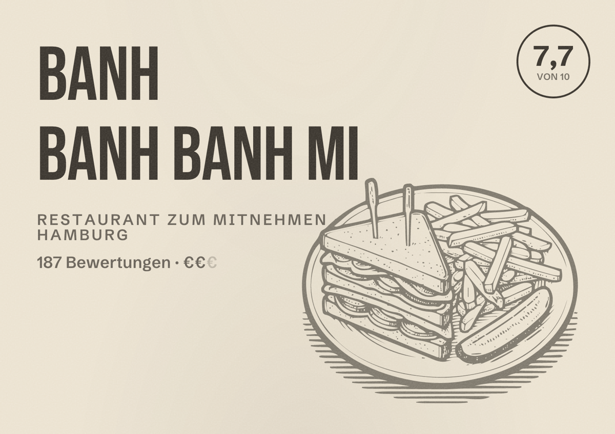 Illustriertes Poster von BANH BANH Banh Mi, Restaurant zum Mitnehmen in Hamburg: Bewertung 7,7 von 10 aus 187 Bewertungen, Preisniveau €€