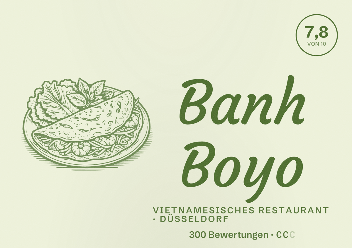 Illustriertes Poster von Banh Boyo, Vietnamesisches Restaurant in Düsseldorf: Bewertung 7,8 von 10 aus 300 Bewertungen, Preisniveau €€