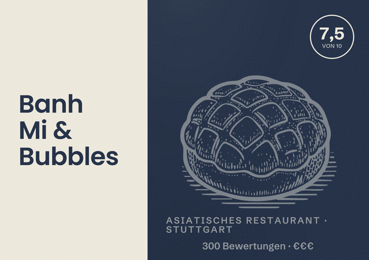 Illustriertes Poster von Banh Mi & Bubbles, Asiatisches Restaurant in Stuttgart: Bewertung 7,5 von 10 aus 300 Bewertungen, Preisniveau €€€