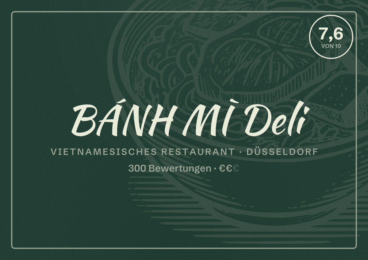 Illustriertes Poster von BÁNH MÌ Deli, Vietnamesisches Restaurant in Düsseldorf: Bewertung 7,6 von 10 aus 300 Bewertungen, Preisniveau €€