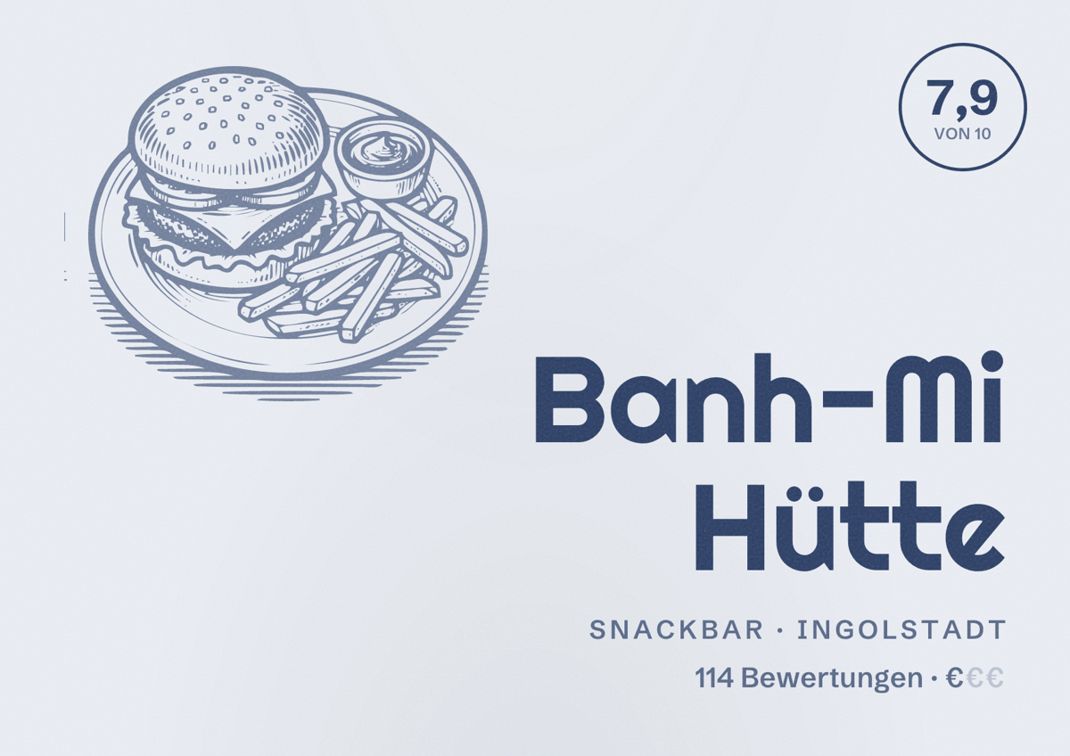 Illustriertes Poster von Banh-Mi Hütte, Snackbar in Ingolstadt: Bewertung 7,9 von 10 aus 114 Bewertungen, Preisniveau €
