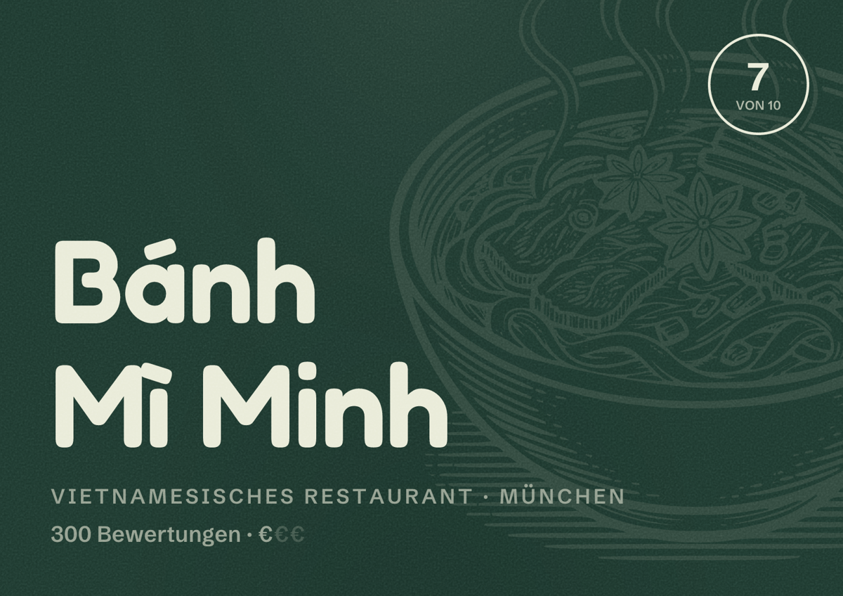 Illustriertes Poster von Bánh Mì Minh, Vietnamesisches Restaurant in München: Bewertung 7,0 von 10 aus 300 Bewertungen, Preisniveau €