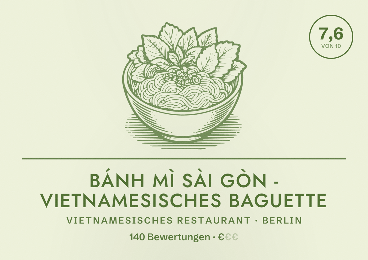 Illustriertes Poster von Bánh mì Sài Gòn - Vietnamesisches Baguette, Vietnamesisches Restaurant in Berlin: Bewertung 7,6 von 10 aus 140 Bewertungen, Preisniveau €