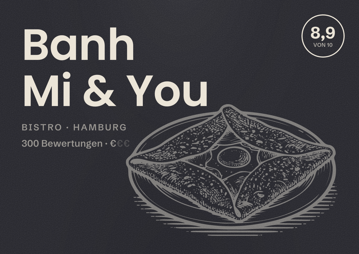 Illustriertes Poster von Banh Mi & You, Bistro in Hamburg: Bewertung 8,9 von 10 aus 300 Bewertungen, Preisniveau €