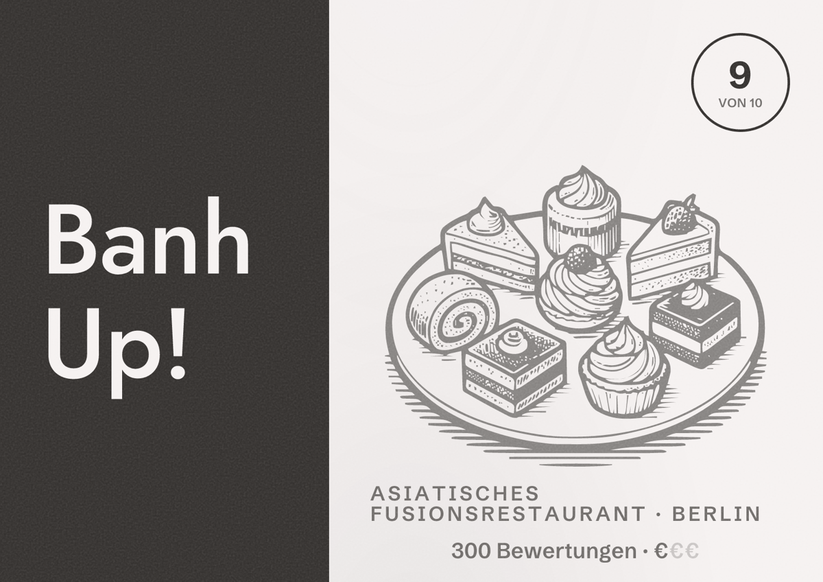Illustriertes Poster von Banh Up!, Asiatisches Fusionsrestaurant in Berlin: Bewertung 9,0 von 10 aus 300 Bewertungen, Preisniveau €