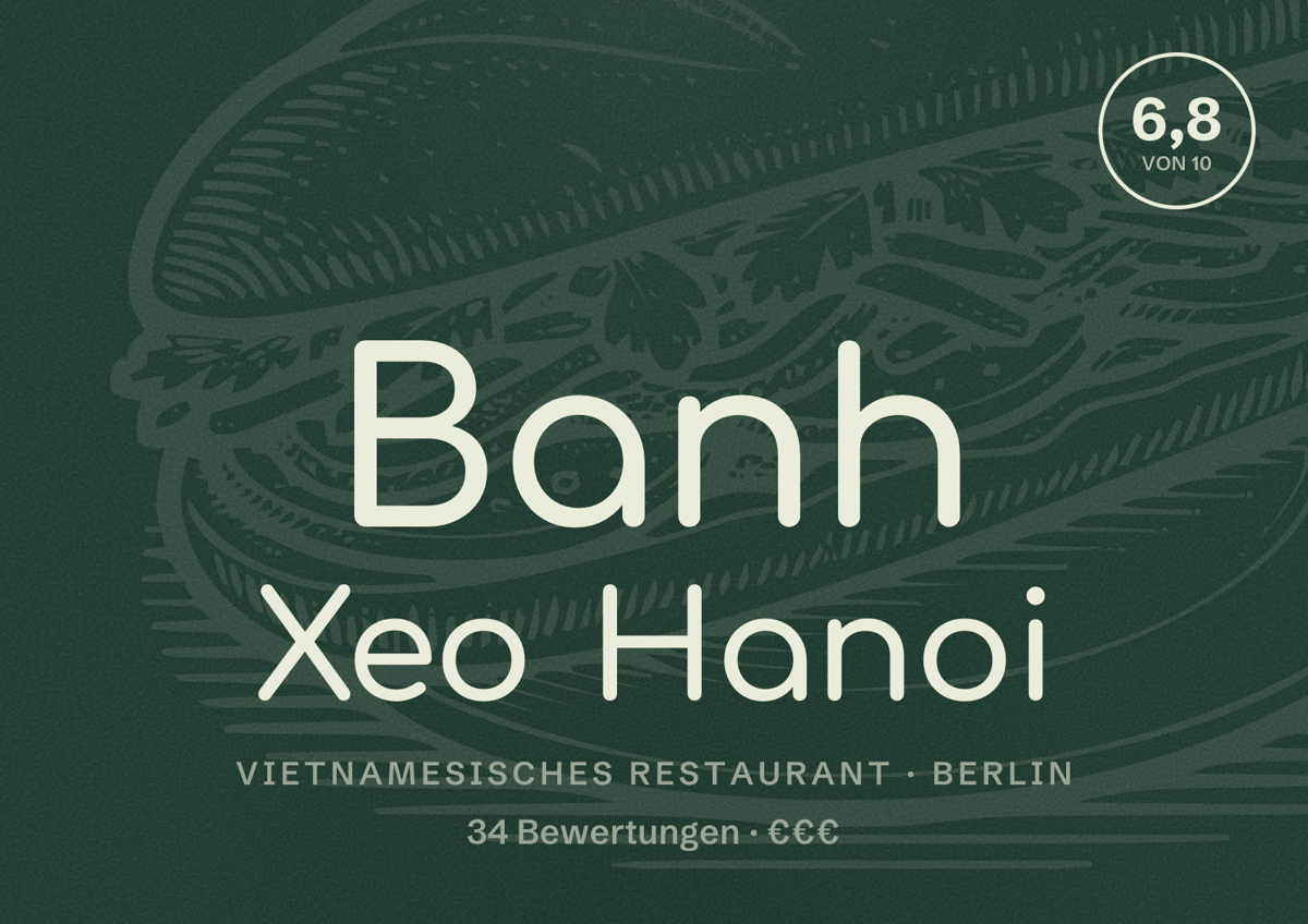 Illustriertes Poster von Banh Xeo Hanoi, Vietnamesisches Restaurant in Berlin: Bewertung 6,8 von 10 aus 34 Bewertungen, Preisniveau €€€
