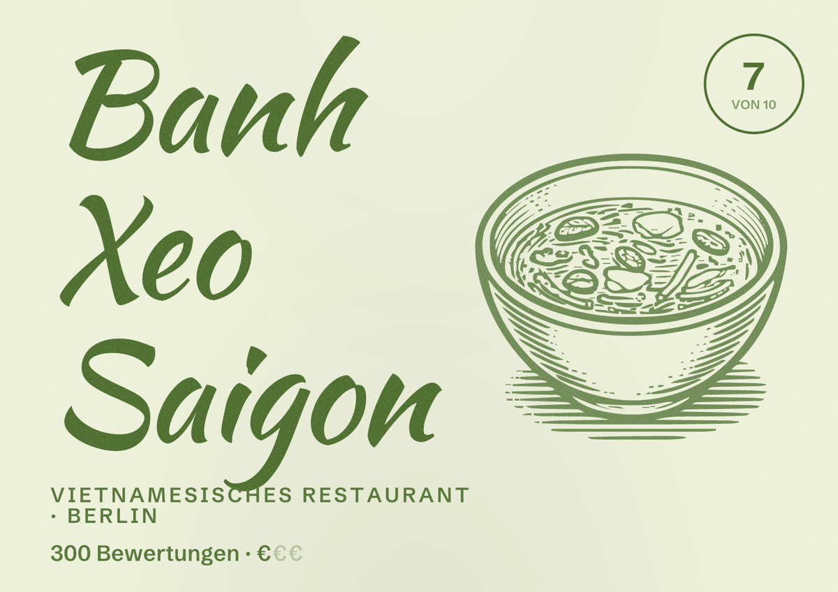 Illustriertes Poster von Banh Xeo Saigon, Vietnamesisches Restaurant in Berlin: Bewertung 7,0 von 10 aus 300 Bewertungen, Preisniveau €