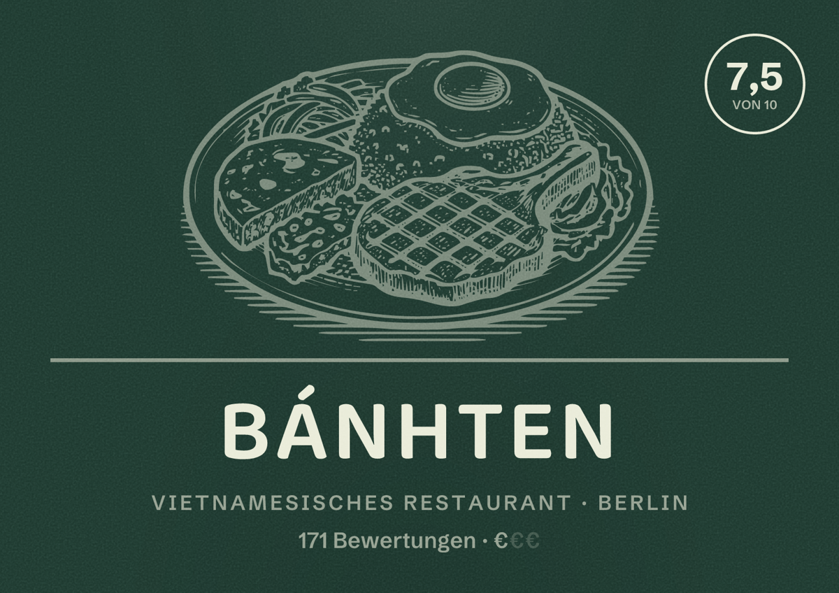 Illustriertes Poster von BÁNHTEN, Vietnamesisches Restaurant in Berlin: Bewertung 7,5 von 10 aus 171 Bewertungen, Preisniveau €