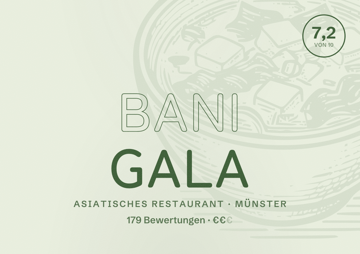 Illustriertes Poster von Bani Gala, Asiatisches Restaurant in Münster: Bewertung 7,2 von 10 aus 179 Bewertungen, Preisniveau €€
