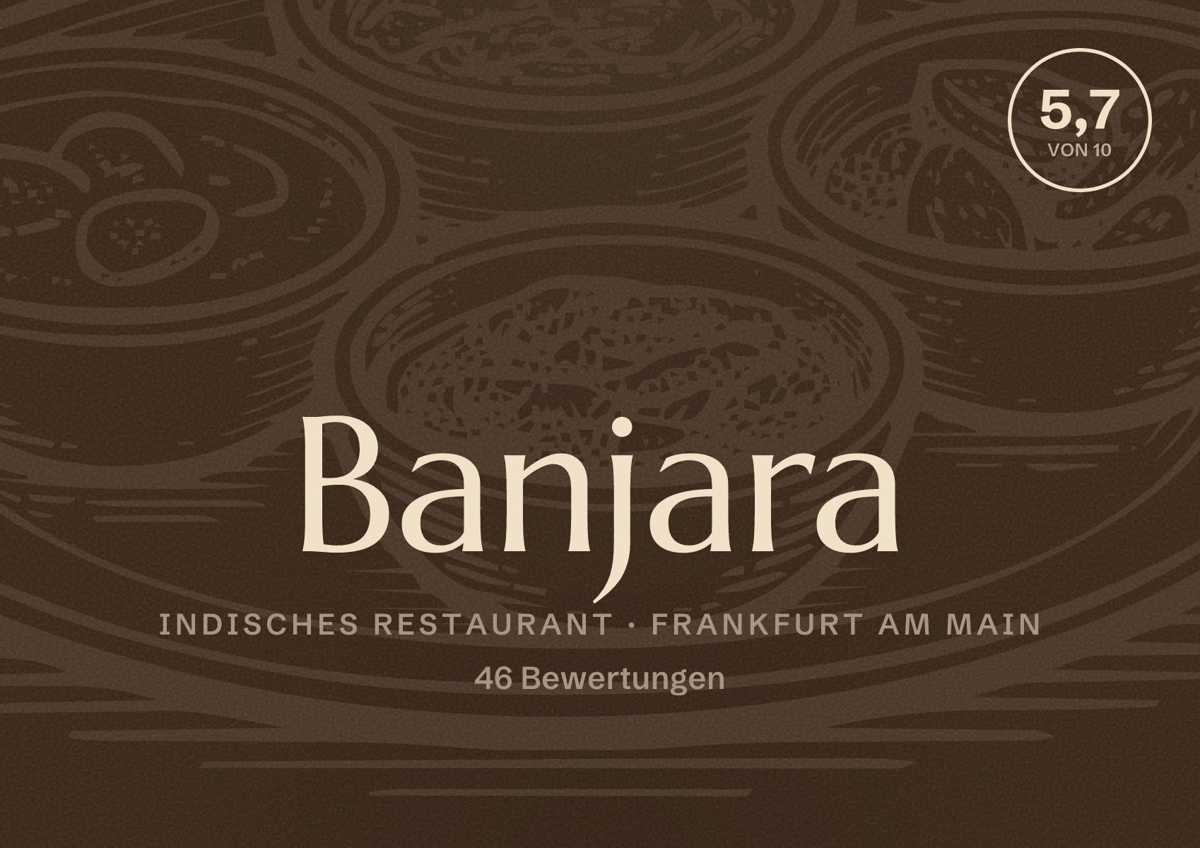 Illustriertes Poster von Banjara, Indisches Restaurant in Frankfurt am Main: Bewertung 5,7 von 10 aus 46 Bewertungen