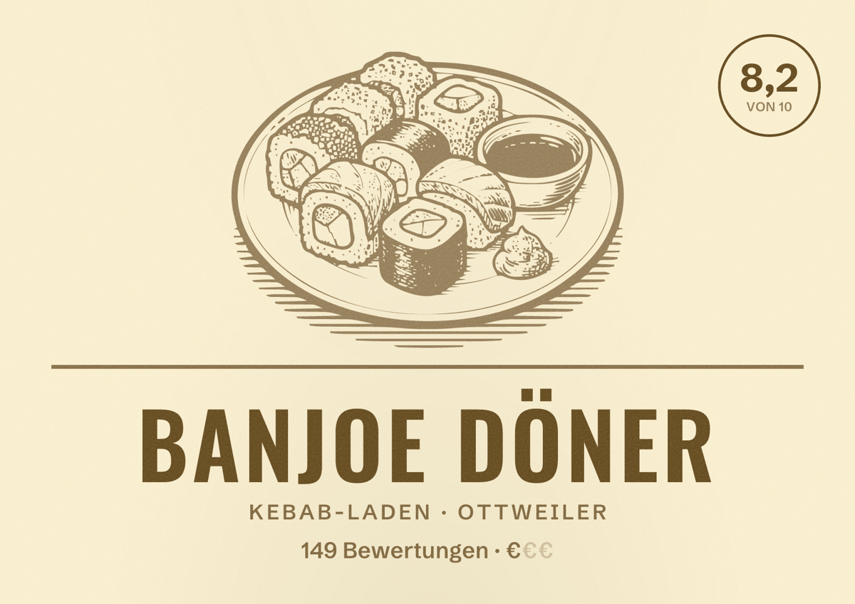 Illustriertes Poster von Banjoe Döner, Kebab-Laden in Ottweiler: Bewertung 8,2 von 10 aus 149 Bewertungen, Preisniveau €