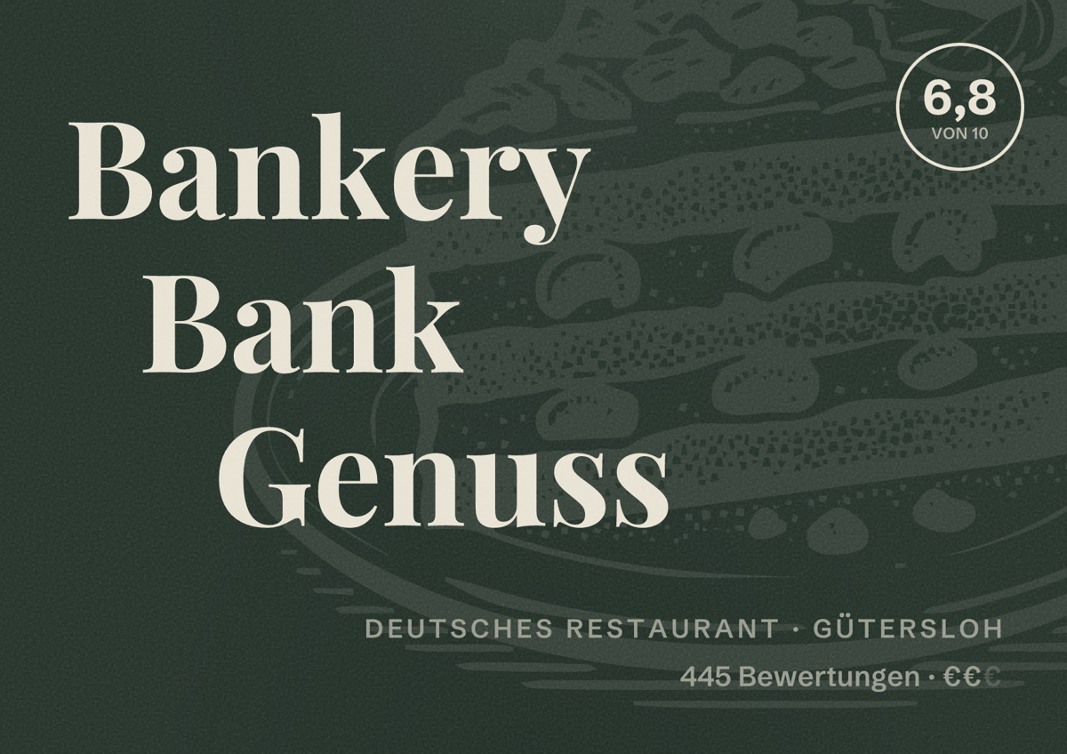 Illustriertes Poster von Bankery Bank Genuss, Deutsches Restaurant in Gütersloh: Bewertung 6,8 von 10 aus 445 Bewertungen, Preisniveau €€
