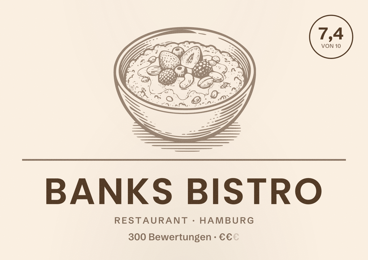 Illustriertes Poster von Banks Bistro, Restaurant in Hamburg: Bewertung 7,4 von 10 aus 300 Bewertungen, Preisniveau €€