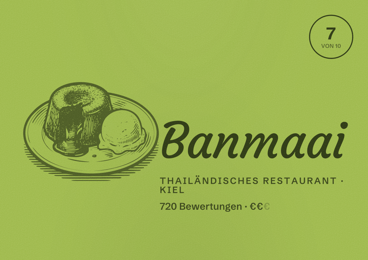 Illustriertes Poster von Banmaai, Thailändisches Restaurant in Kiel: Bewertung 7 von 10 aus 720 Bewertungen, Preisniveau €€