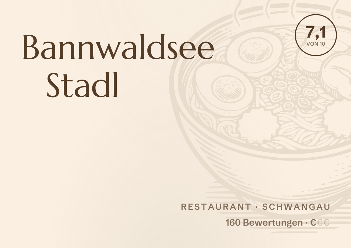 Illustriertes Poster von Bannwaldsee Stadl, Restaurant in Schwangau: Bewertung 7,1 von 10 aus 160 Bewertungen, Preisniveau €