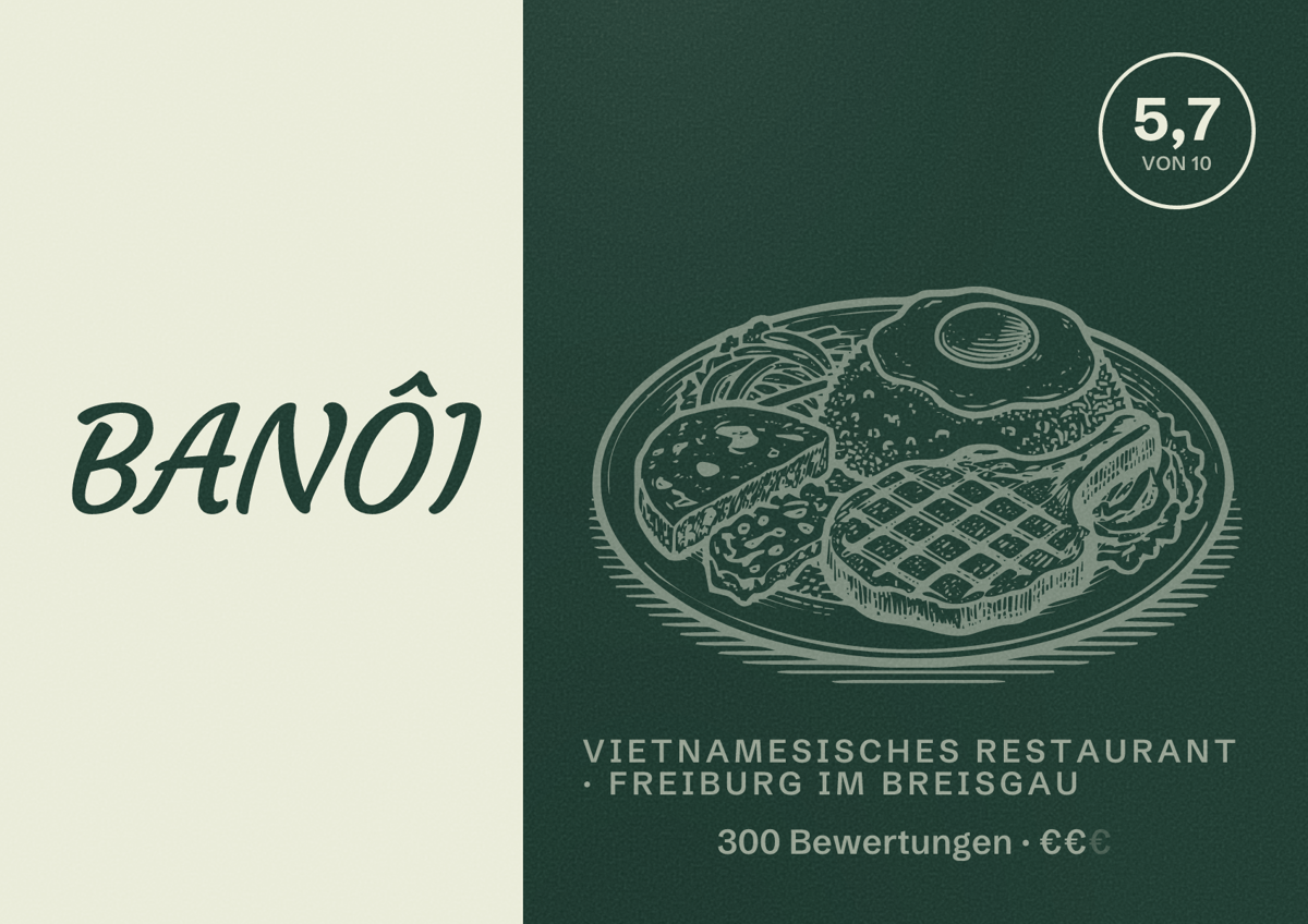 Illustriertes Poster von BANÔI, Vietnamesisches Restaurant in Freiburg im Breisgau: Bewertung 5,7 von 10 aus 300 Bewertungen, Preisniveau €€