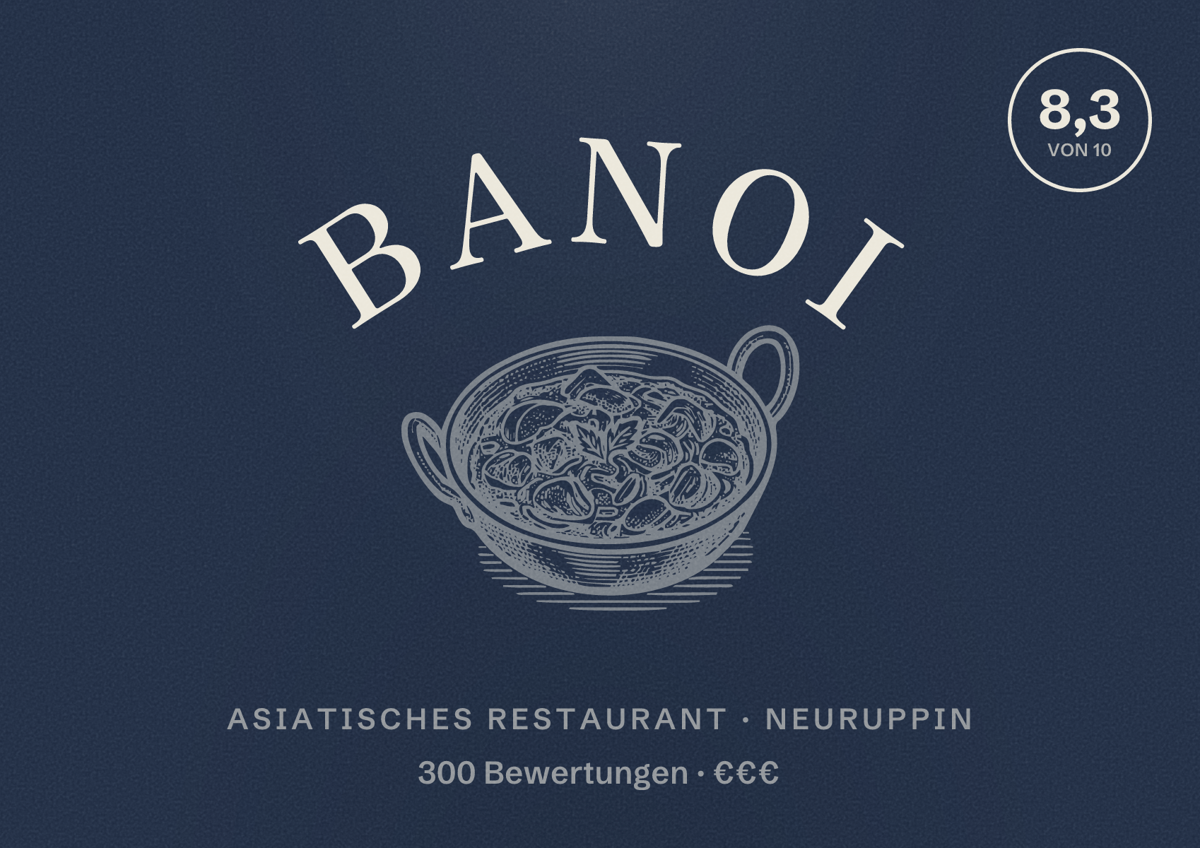 Illustriertes Poster von Banoi, Asiatisches Restaurant in Neuruppin: Bewertung 8,3 von 10 aus 300 Bewertungen, Preisniveau €€€