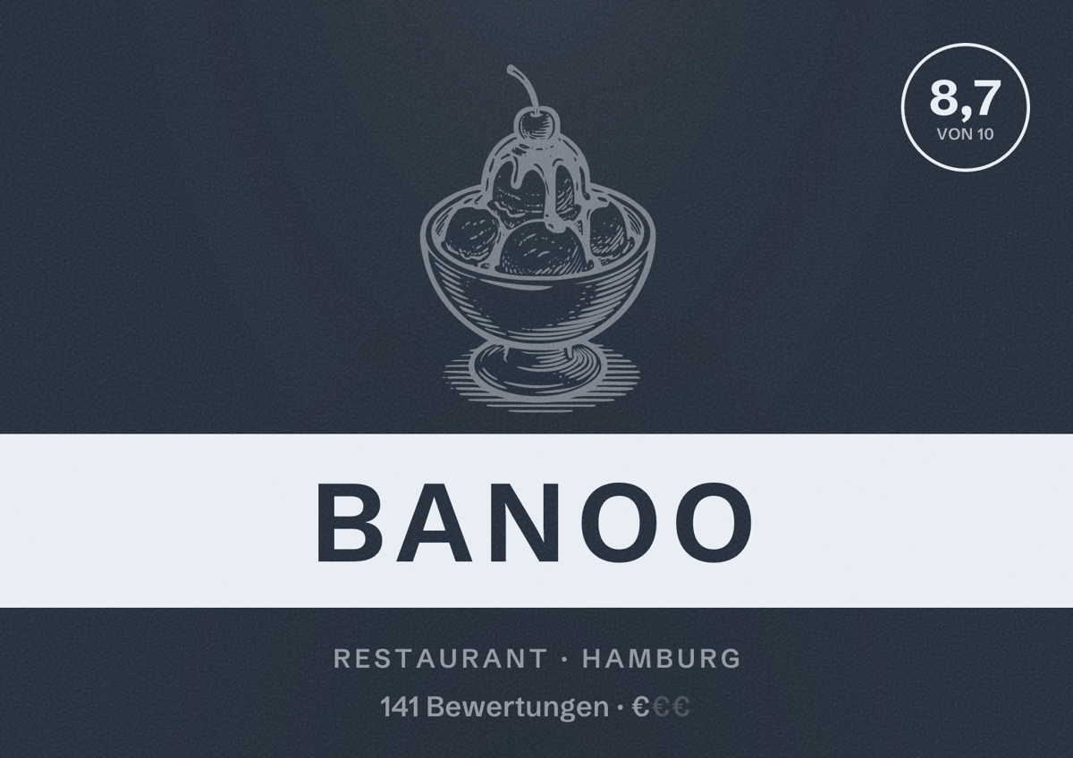 Illustriertes Poster von Banoo, Restaurant in Hamburg: Bewertung 8,7 von 10 aus 141 Bewertungen, Preisniveau €