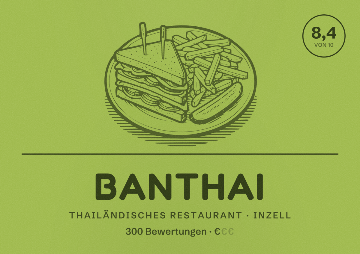 Illustriertes Poster von BANTHAI, Thailändisches Restaurant in Inzell: Bewertung 8,4 von 10 aus 300 Bewertungen, Preisniveau €