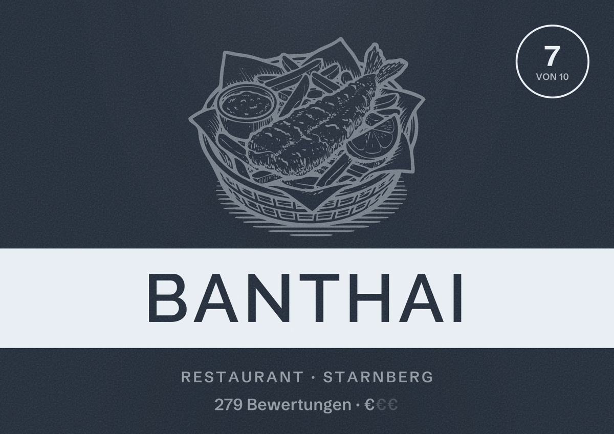 Illustriertes Poster von Banthai, Restaurant in Starnberg: Bewertung 7 von 10 aus 279 Bewertungen, Preisniveau €