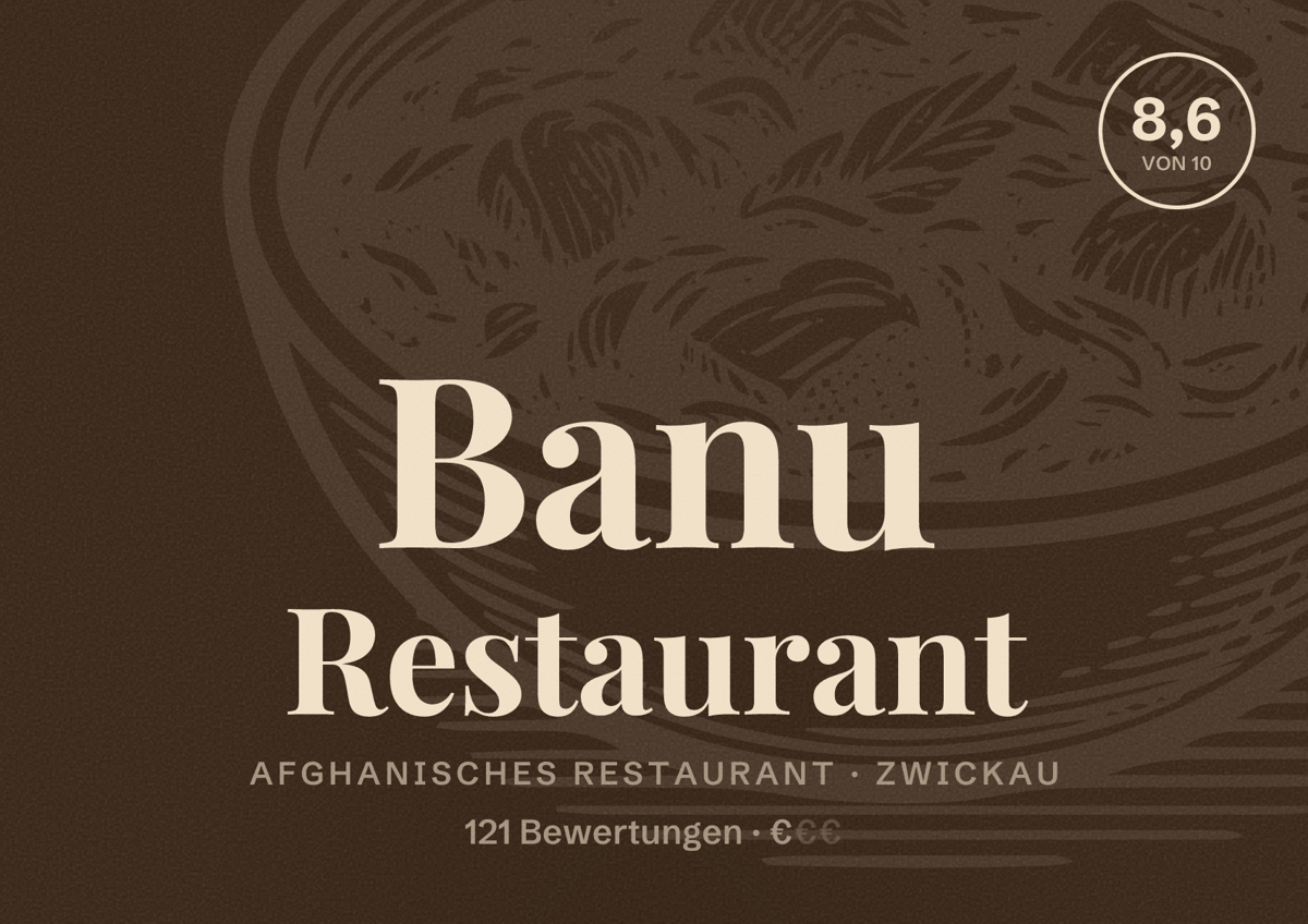 Illustriertes Poster von Banu Restaurant, Afghanisches Restaurant in Zwickau: Bewertung 8,6 von 10 aus 121 Bewertungen, Preisniveau €