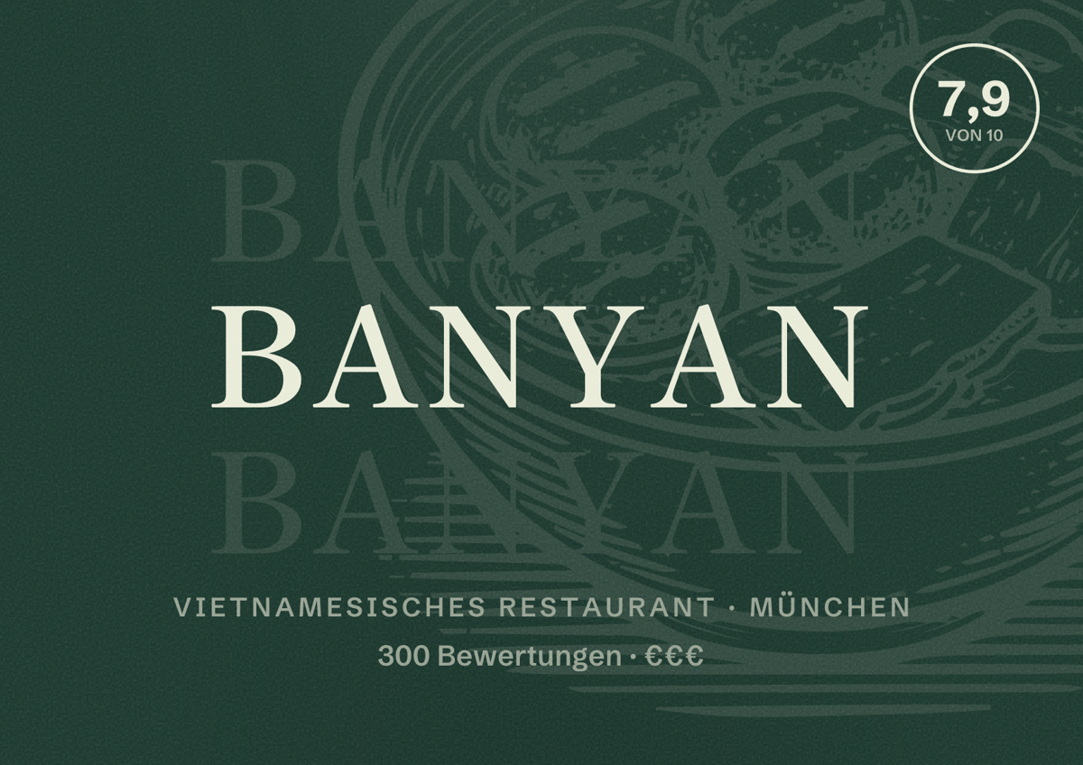 Illustriertes Poster von Banyan, Vietnamesisches Restaurant in München: Bewertung 7,9 von 10 aus 300 Bewertungen, Preisniveau €€€