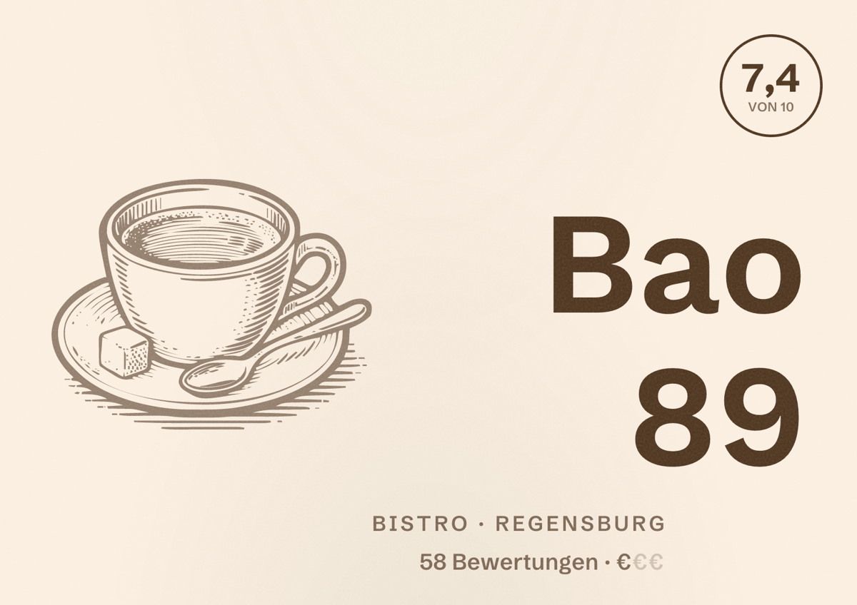 Illustriertes Poster von Bao 89, Bistro in Regensburg: Bewertung 7,4 von 10 aus 58 Bewertungen, Preisniveau €