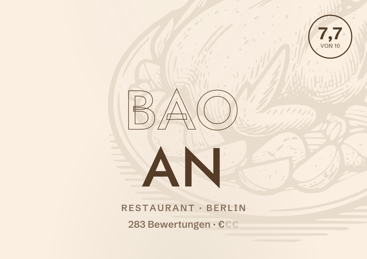 Illustriertes Poster von Bao An, Restaurant in Berlin: Bewertung 7,7 von 10 aus 283 Bewertungen, Preisniveau €