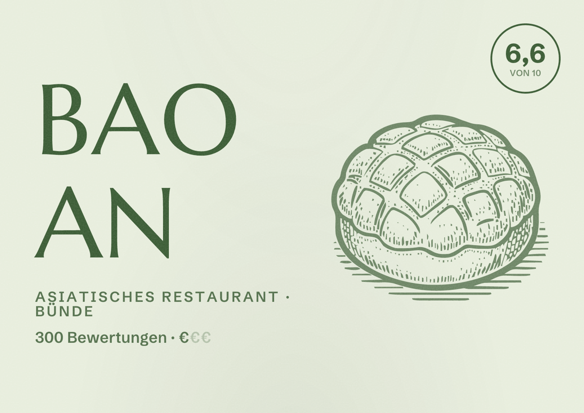 Illustriertes Poster von BAO AN, Asiatisches Restaurant in Bünde: Bewertung 6,6 von 10 aus 300 Bewertungen, Preisniveau €