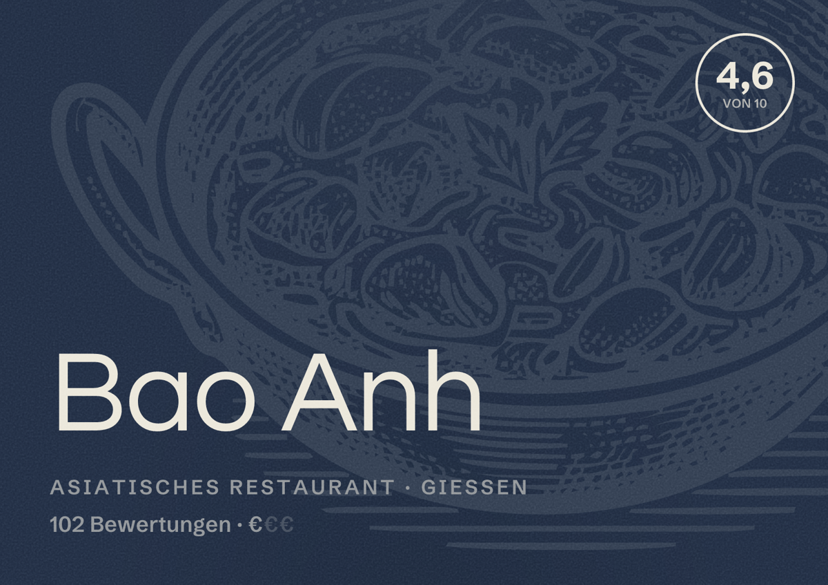 Illustriertes Poster von Bao Anh, Asiatisches Restaurant in Gießen: Bewertung 4,6 von 10 aus 102 Bewertungen, Preisniveau €