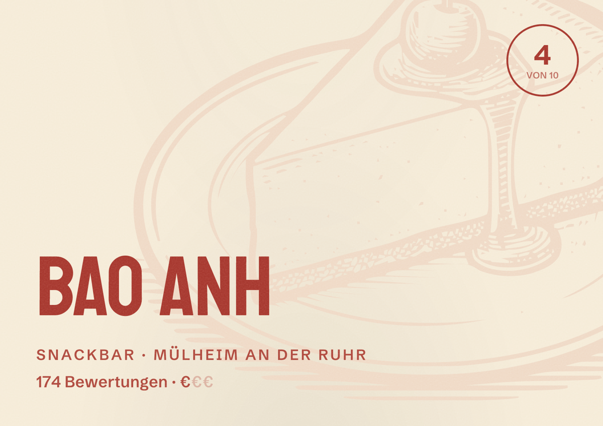 Illustriertes Poster von BAO ANH, Snackbar in Mülheim an der Ruhr: Bewertung 4 von 10 aus 174 Bewertungen, Preisniveau €