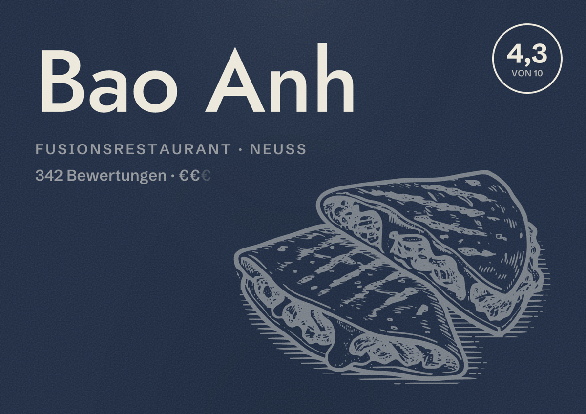 Illustriertes Poster von Bao Anh, Fusionsrestaurant in Neuss: Bewertung 4,3 von 10 aus 342 Bewertungen, Preisniveau €€